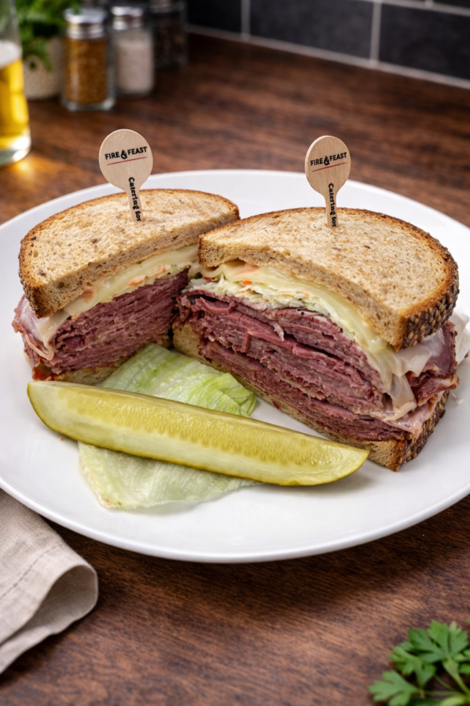 Fire & Feast Grilled Wigley's Corned Beef Special piled high with premium Detroit corned beef, Swiss cheese, and grilled rye bread in Commerce Township, Michigan.