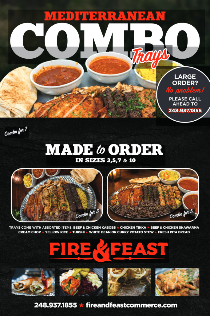Fire & Feast Mediterranean Combo Tray featuring beef kabobs, chicken kabobs, chicken tikka, shawarma, yellow rice, and pita bread available for 3, 5, 7, or 10 people in Commerce Township, Michigan.