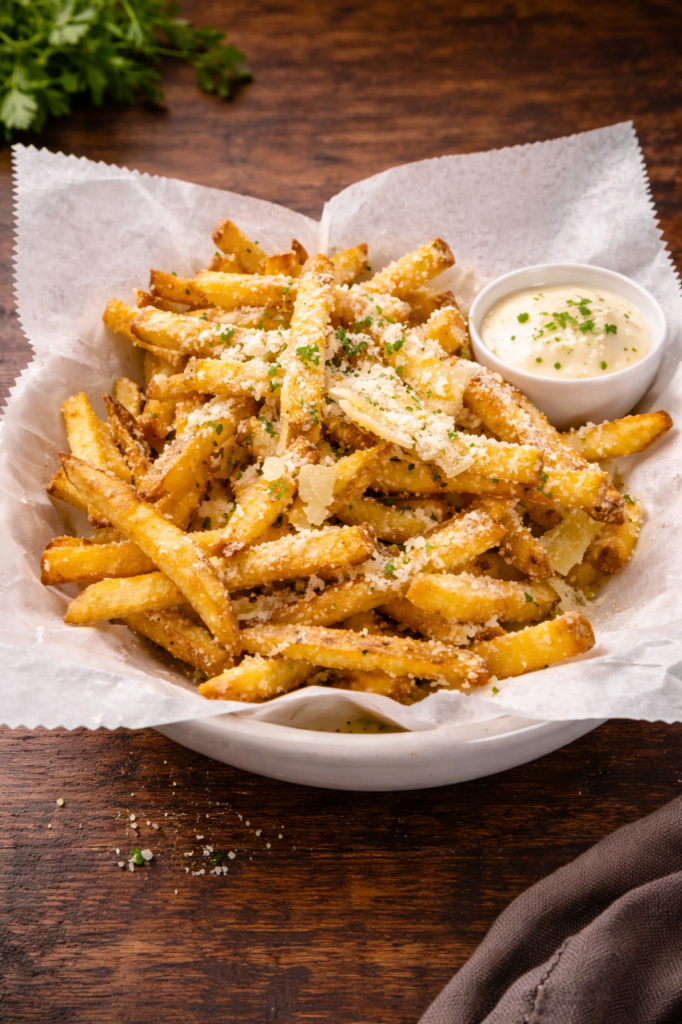 Fire & Feast Truffle Fries topped with Parmesan cheese, herbs, and truffle seasoning in Commerce Township, Michigan.
